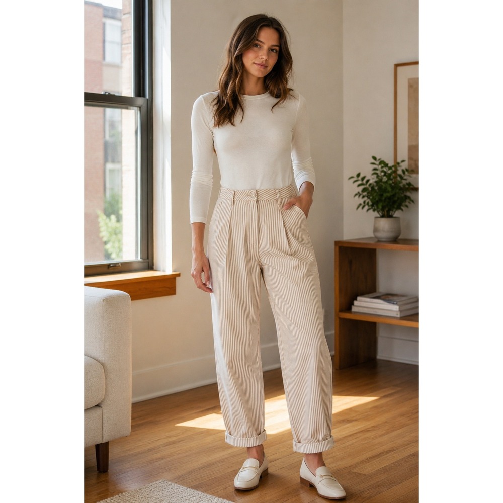 Brixton Mojave Striped Pleated Trousers Tan White High Rise Pants Size 29 US 10